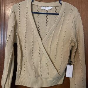 Astr Cream V-Neck Sweater with Textured Knit and Long Sleeves